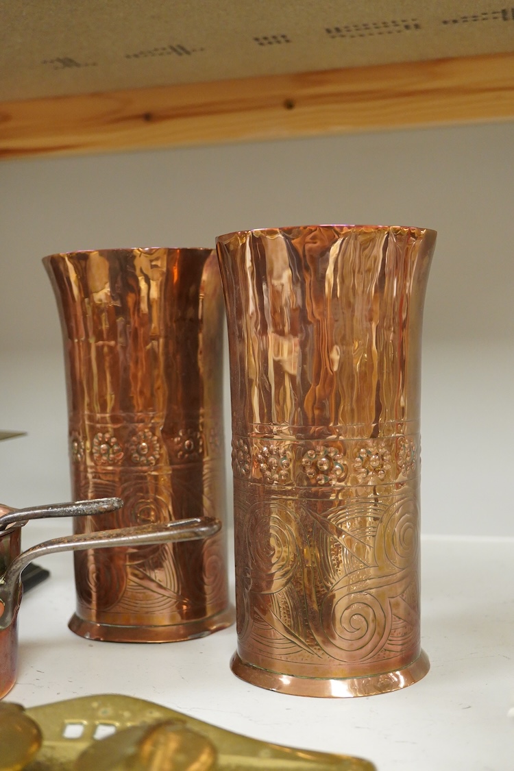 A collection of items to include a leather cased gilt brass French carriage clock, a German bronze Jugendstil inkwell, a late 19th century ink brass inkwell, a set of postal scales with weights, a Temple & Crook small co